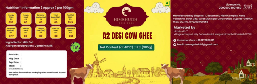 Himshudh A2 Desi Cow Ghee | 1000 ml (1kg) | Pure, Handmade & Lab Tested | Glass Bottle