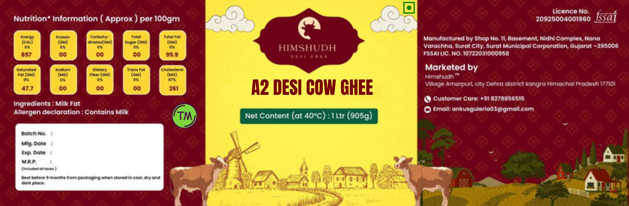 Himshudh A2 Desi Cow Ghee | 1000 ml (1kg) | Pure, Handmade & Lab Tested | Glass Bottle