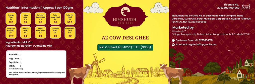 Himshudh A2 Desi Cow Ghee | 1000 ml (1kg) | Pure, Handmade & Lab Tested | Glass Bottle
