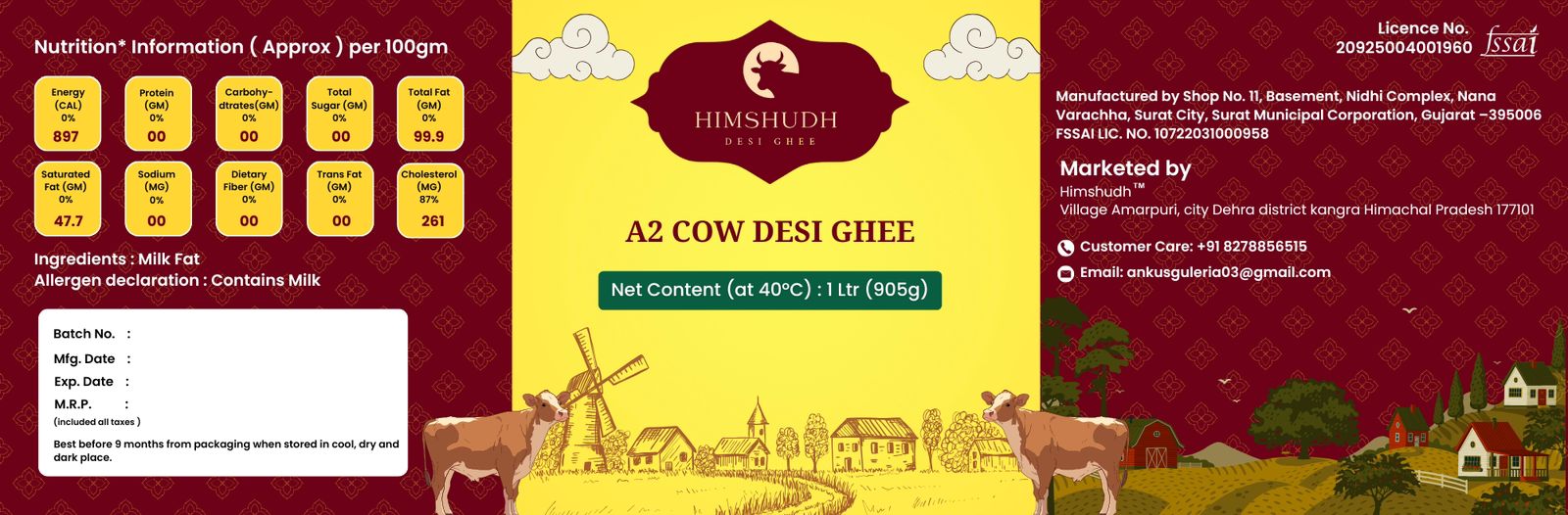 Himshudh A2 Desi Cow Ghee | 1000 ml (1kg) | Pure, Handmade & Lab Tested | Glass Bottle